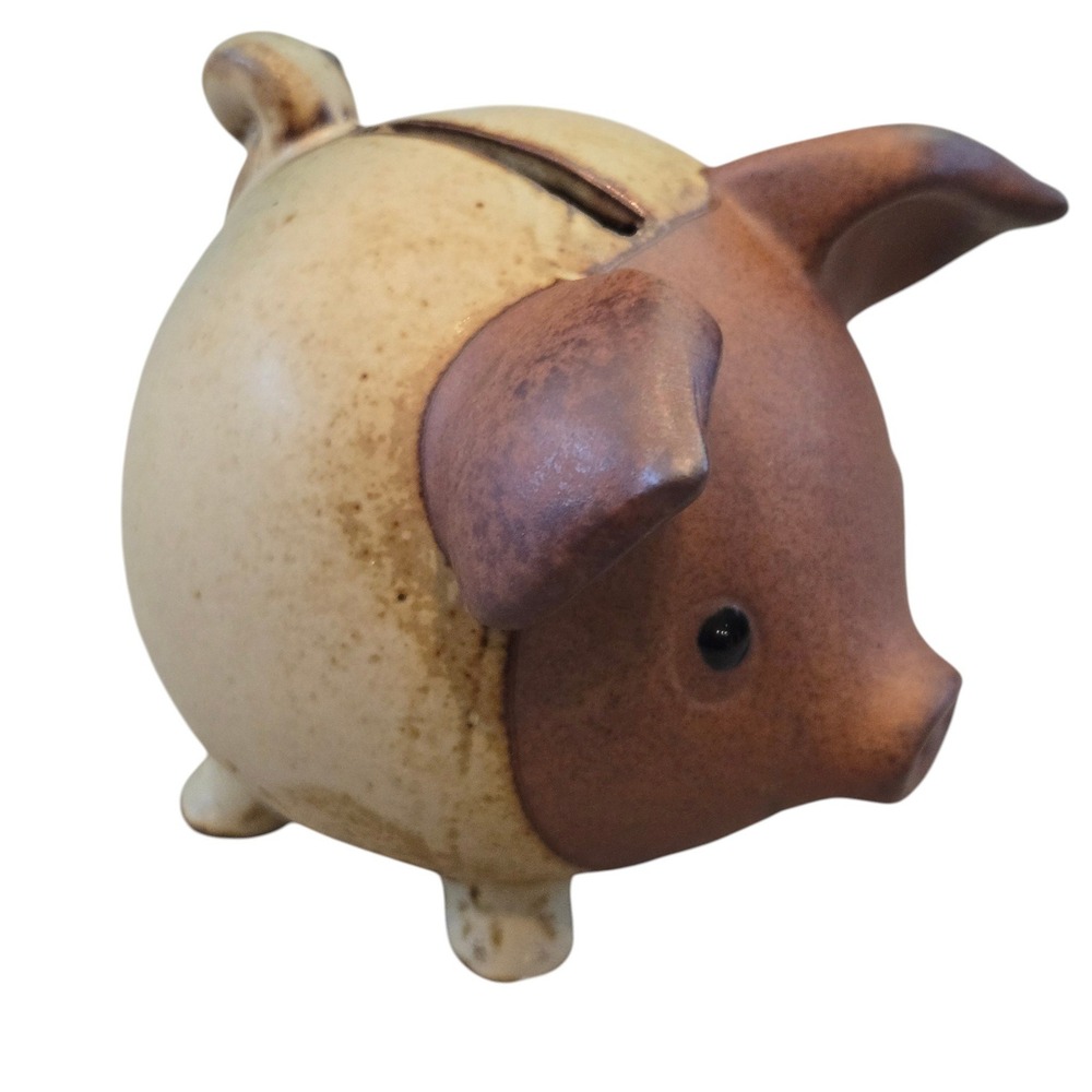 Vintage Piggy Bank Small Brown Tan Stoneware Ceramic Made in Japan 4" Farmhouse